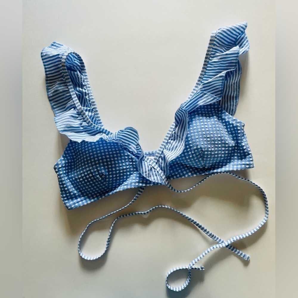 Aerie Blue Ruffle Gingham Wrap Bikini Top